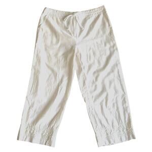 Talbots Pull-On Pants Women's Size 10 Linen Blend Crop Ivory Floral Embroidered